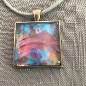 Sale Handcrafted Mixed media square silver & fabric cord adjustable necklace